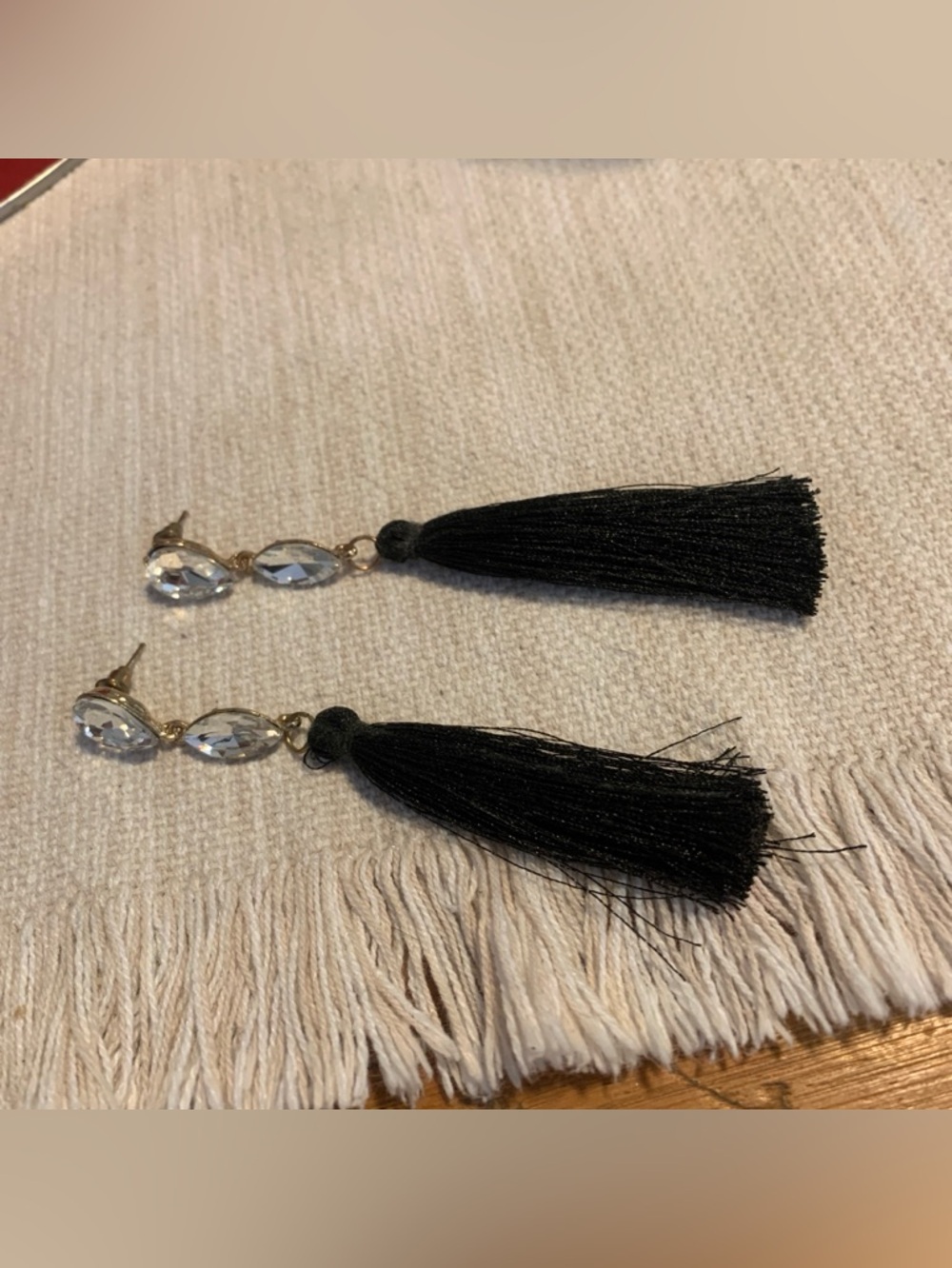 Black Tassel Drop Earrings with Crystal Accents
